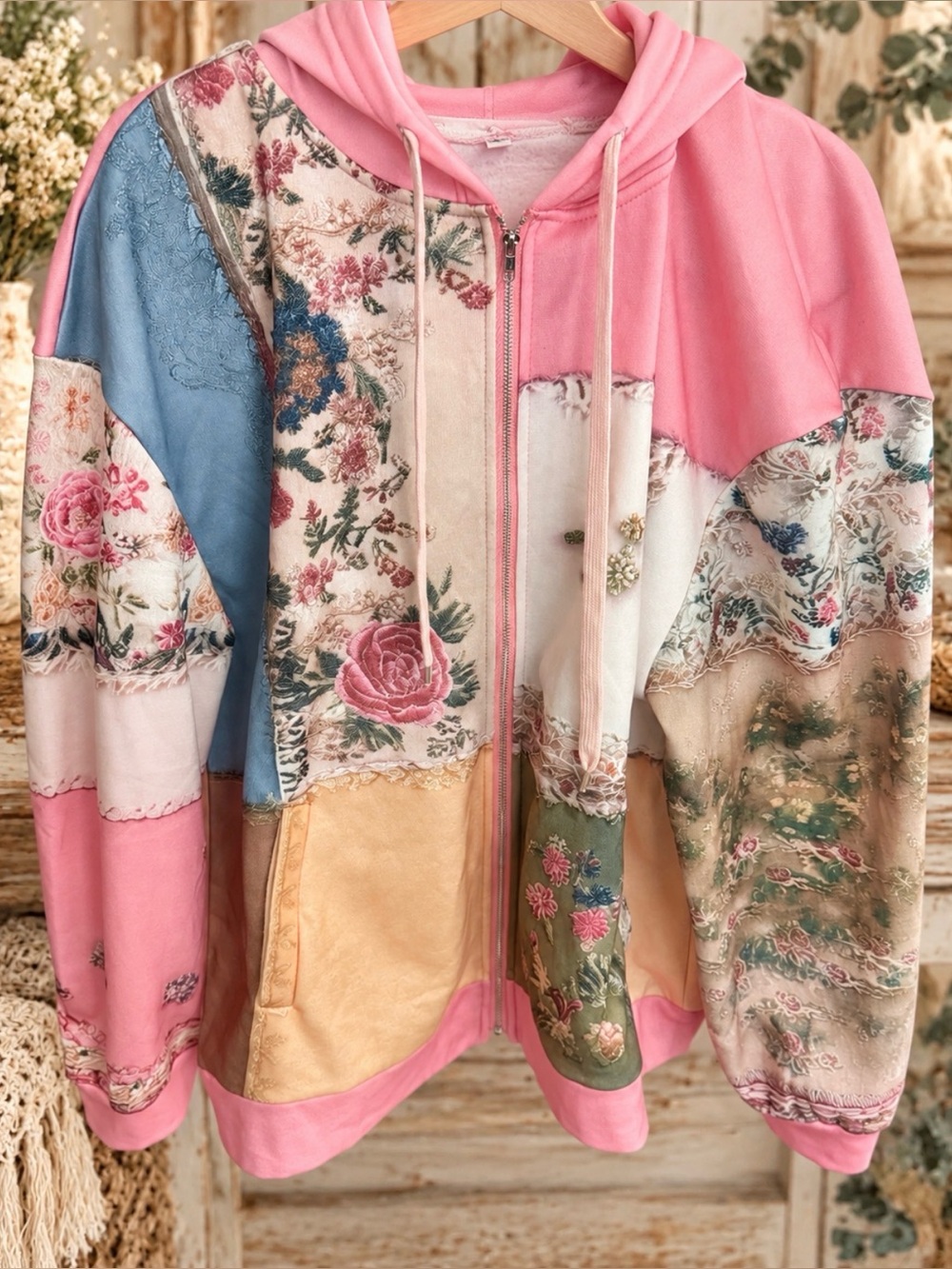 Patchwork Floral Zip Hoodie Jacket - Pink
